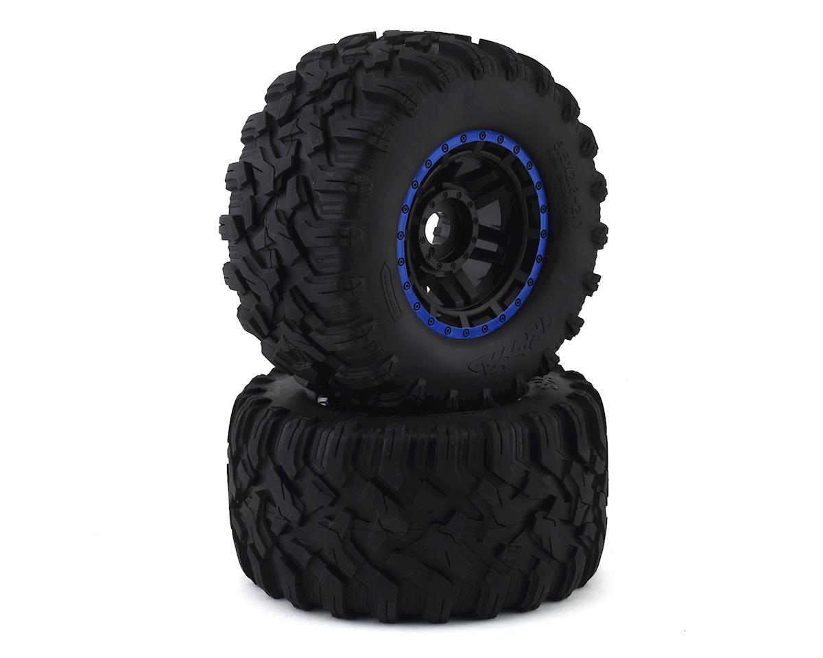 All Terrain Premounted Tires with Black/Blue Wheels for Maxx (2) (TRA8972A)