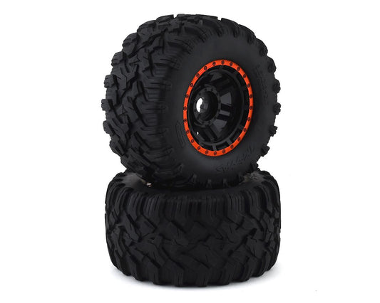 All Terrain Premounted Tires with Black/Orange Wheels for Maxx (2) (TRA8972T)