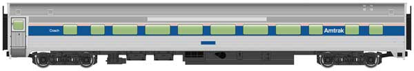 HO 85' Budd Large-Window Coach Ready to Run Amtrak Phase IV Silver, Wide Blue, Thin Red & White Stripes (910-30013)