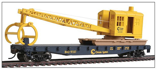 HO Flatcar with Logging Crane Ready to Run Chessie System B&O Blue, Yellow (931-1782)