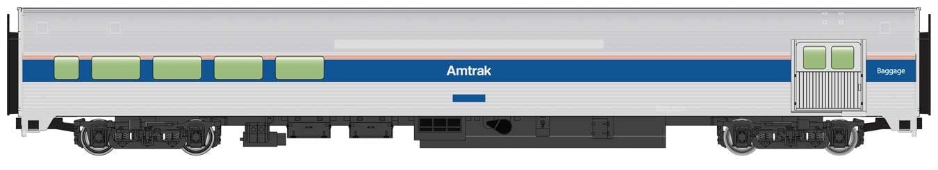 HO 85' Budd Baggage-Lounge Ready to Run Amtrak Phase IV Silver, Wide Blue, Thin Red & White Stripes (910-30062)