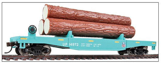 HO Log Dump Car with 3 Logs Ready to Run Union Pacific 14972 Mow Scheme Green, Yellow Conspicuity Marks (931-1773)