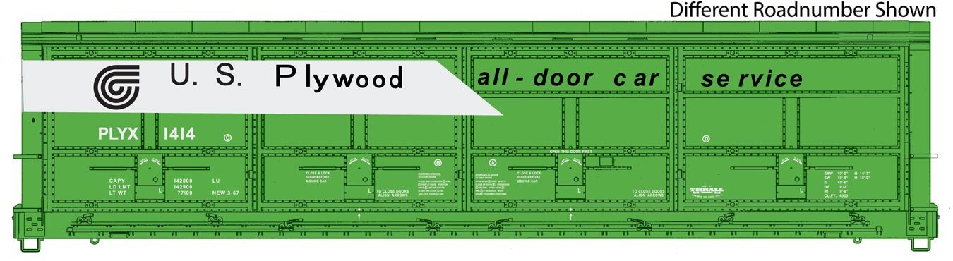 HO 56' Thrall All-Door Boxcar Ready to Run US Plywood #1438 Green, White (920-101935)