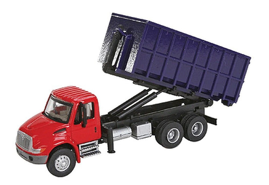 HO Assembled International 4300 Dual-Axle Dumpster Carrier Truck Red Cab, Blue Dumpster (949-11630)