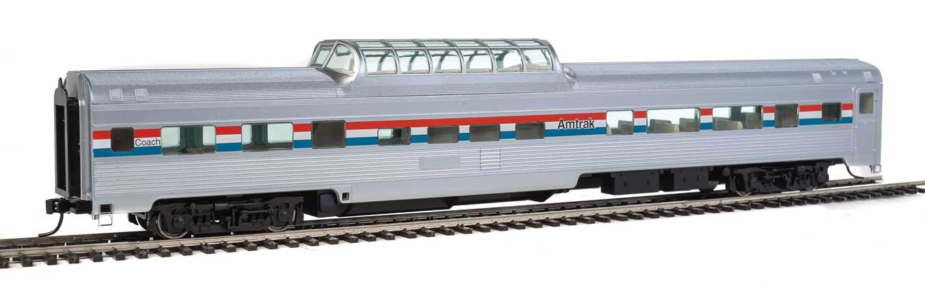 HO 85' Budd Dome Coach Ready to Run Amtrak Phase III Silver Equal Red, White, Blue Stripes (910-30401)